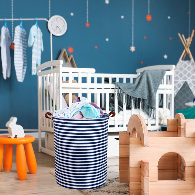 Essme Kids Laundry Hamper,Boys laundry basket,Collapsible Bule storage basket with Waterproof PE Coating,Canvas Fabric Nursery Hamper for Kids Room Decor,Gift,Baby Clothing.(Navy Blue stripes) - Image 3